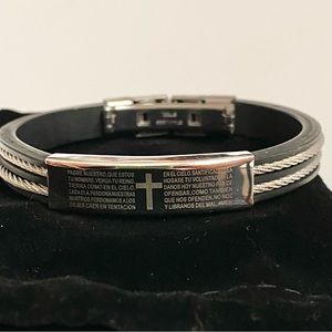 Mens Steeltime Stainless Steel + Rubber Bracelet Our Father Prayer in Spanish